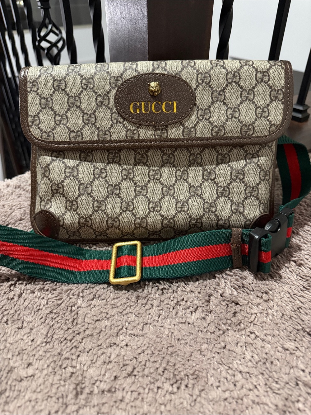 Gucci Beige Brown GG Canvas Belt Bag with Green-Red Web Strap
